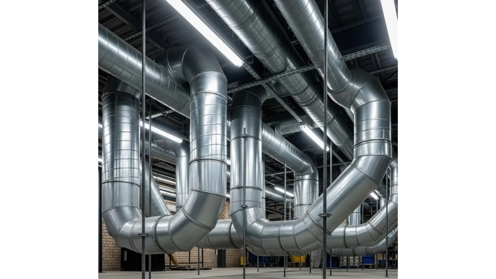 Large galvanised ventilation ducting running beneath an industrial ceiling
