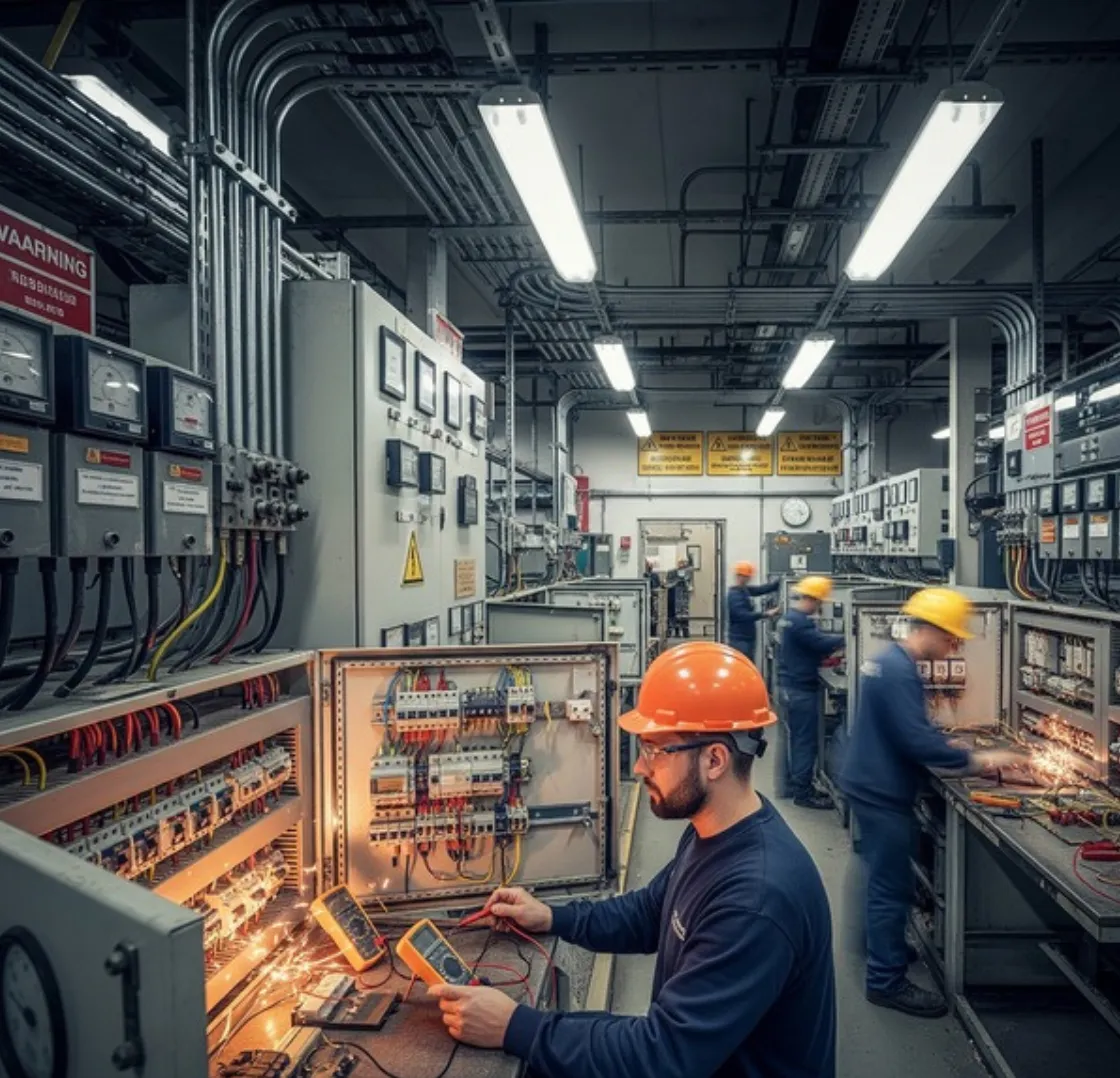 Technician testing a distribution panel with a multimeter in an electrical switch room
