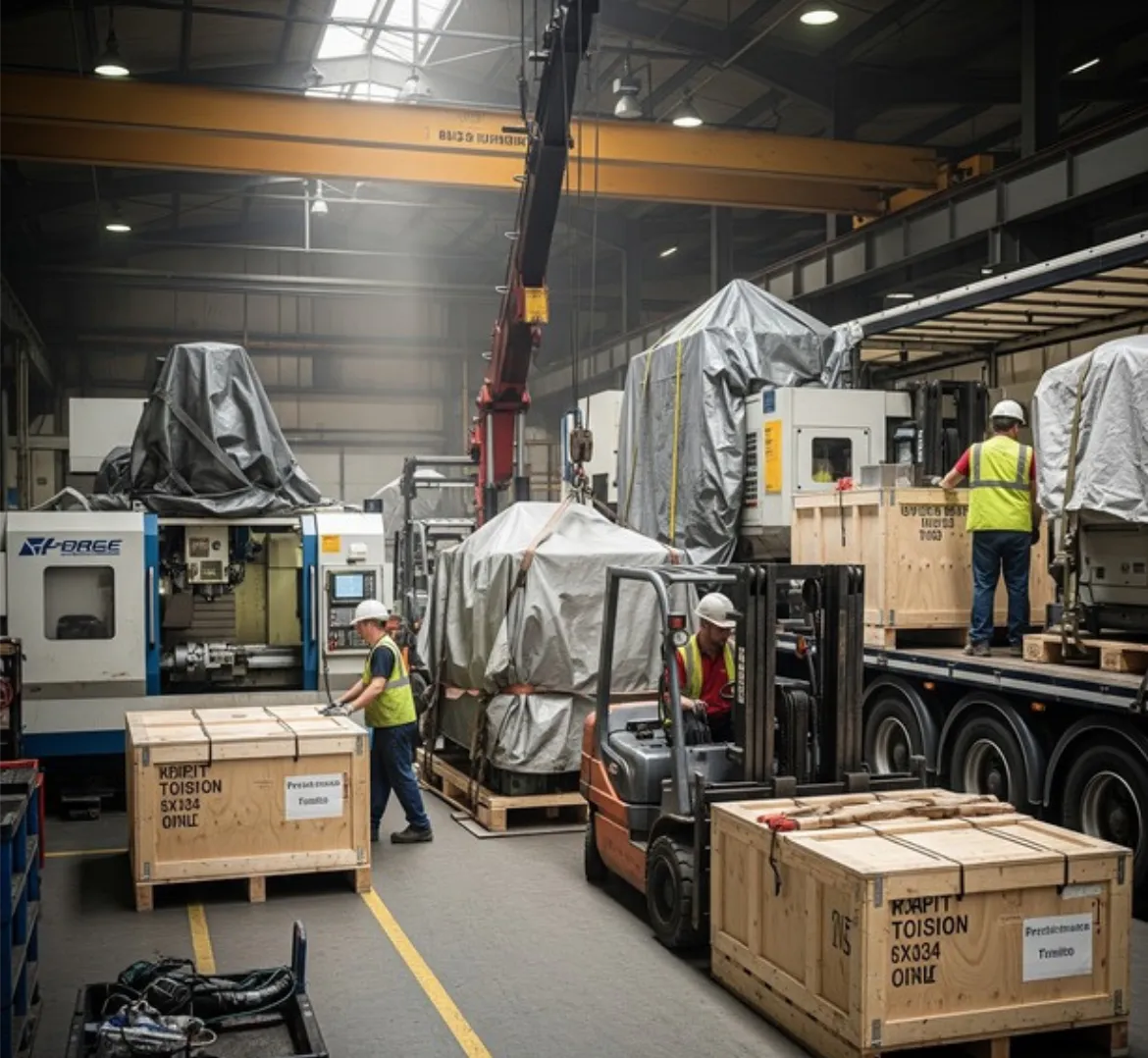 Crated and wrapped machinery being moved by forklift and crane inside a workshop