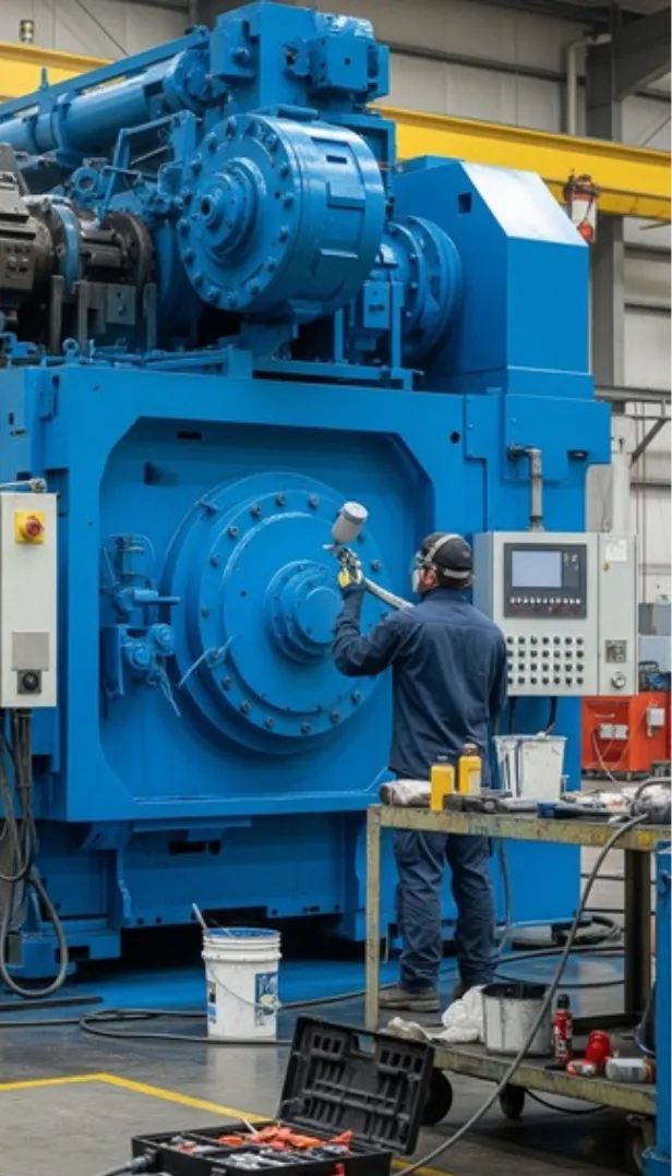 Operator spray-painting a large industrial machine finished in blue